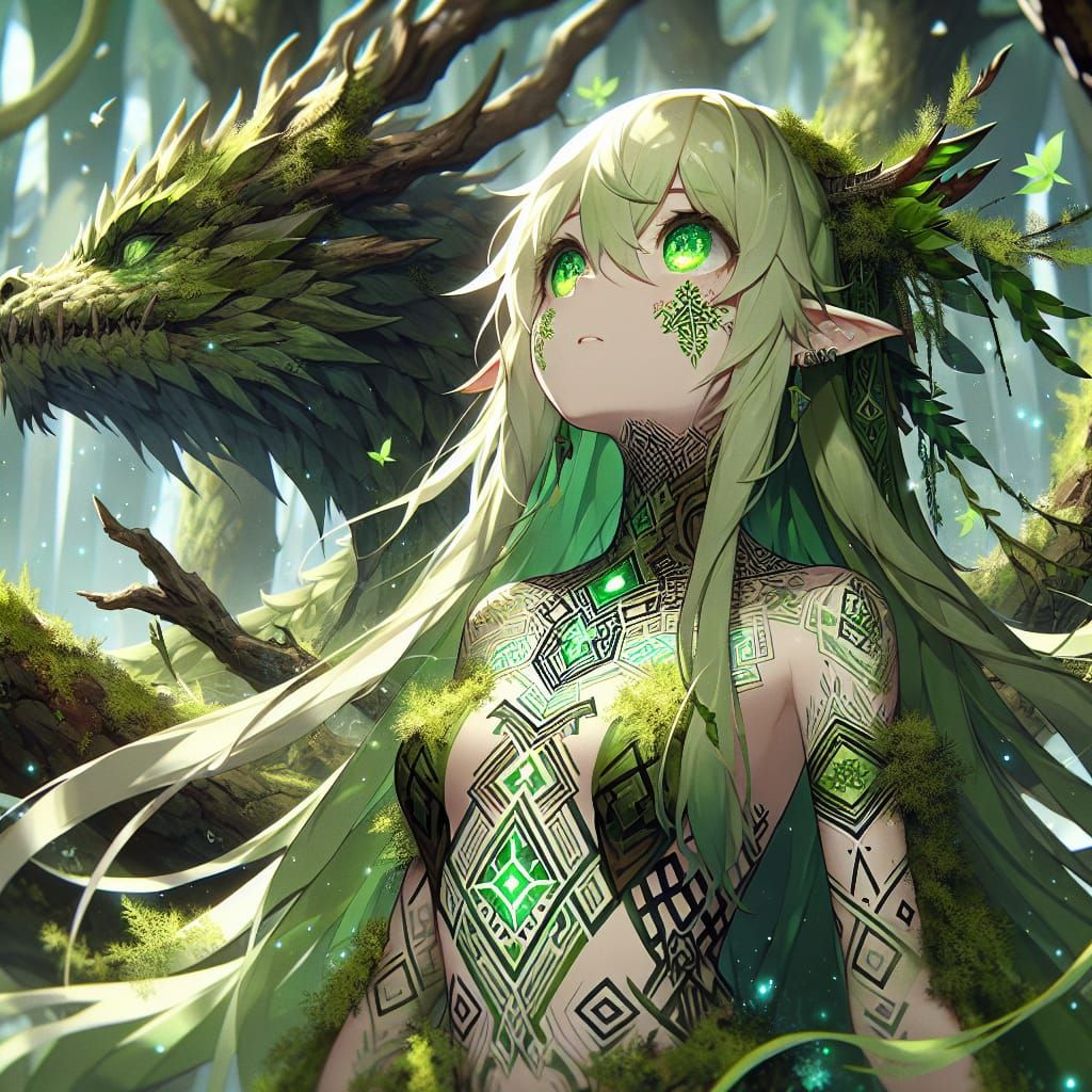 Anime Druid Dryad with Forest Dragon, Matte Painting