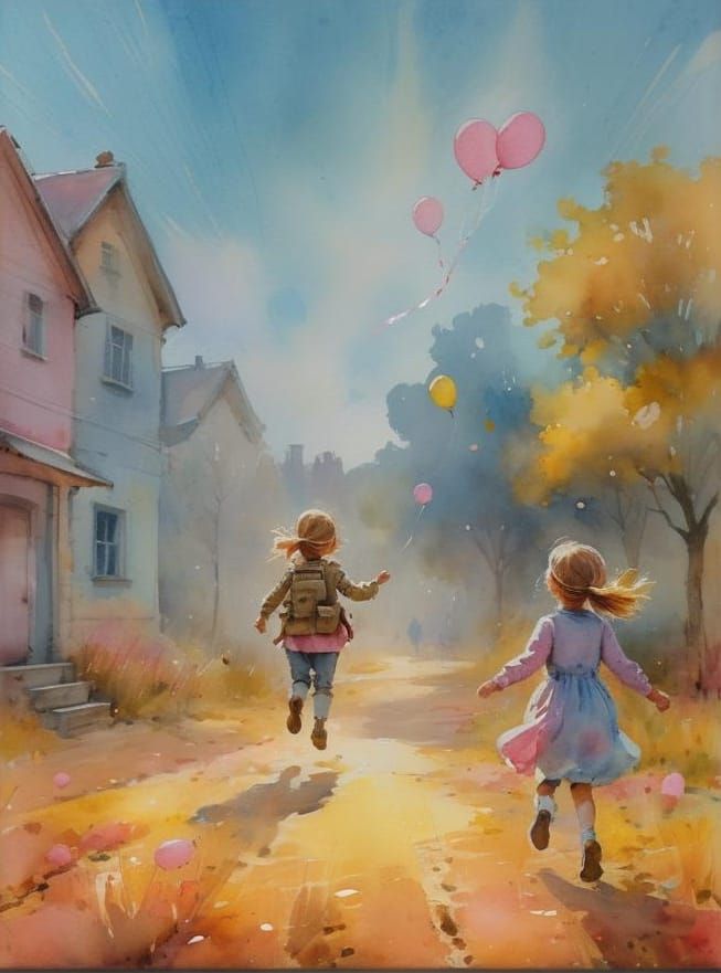 Girl Releases Balloons, Soldier Runs Away: Watercolor Sketch