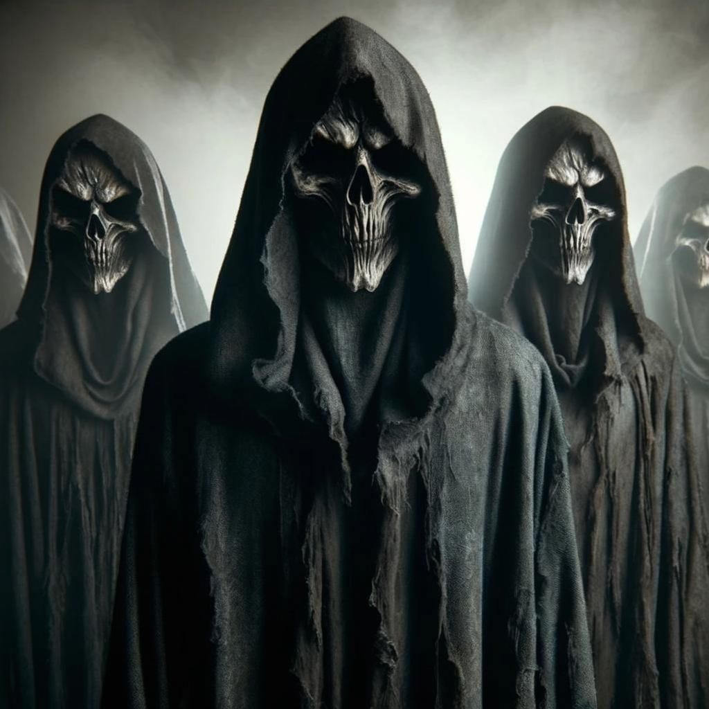 Ominous Hooded Figures in a Foggy Landscape