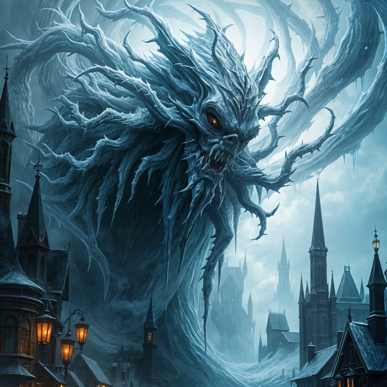 Twisted Jack Frost Engulfs Gothic Victorian Town in Ice