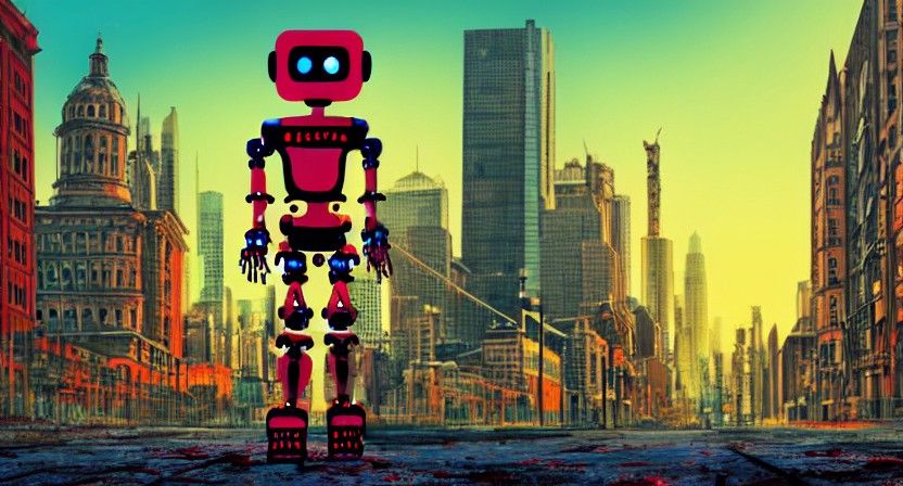 Zombie Robot in Cityscape Folk Art