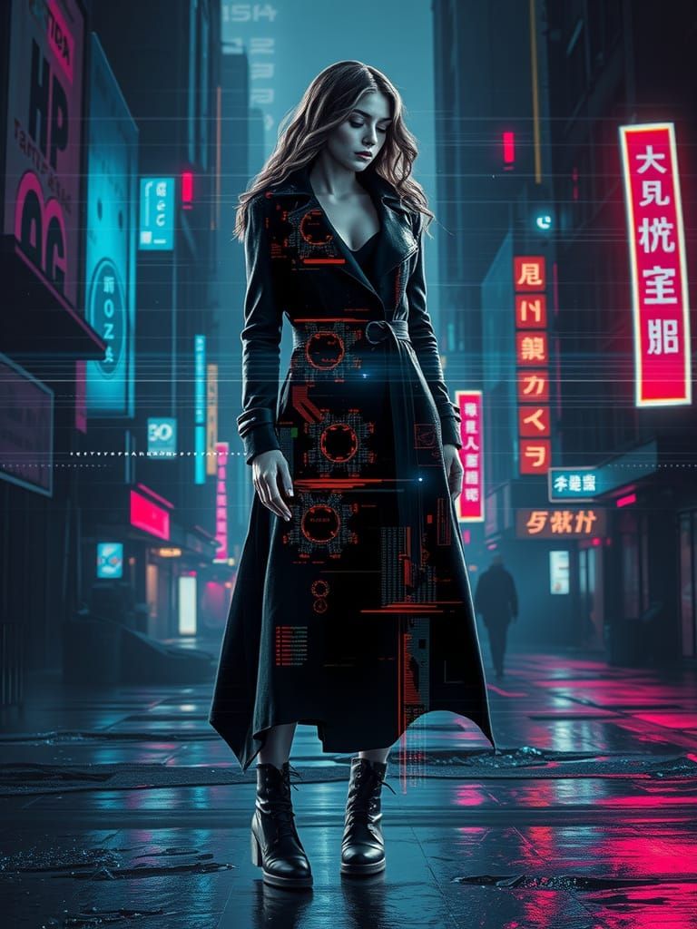 Girl Disintegrating into Digital Glitches in Cyberpunk Citys...