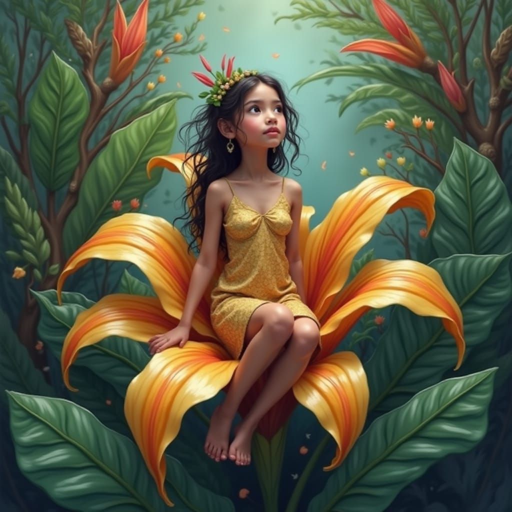 Whimsical Rainforest Goddess in Vibrant Bloom