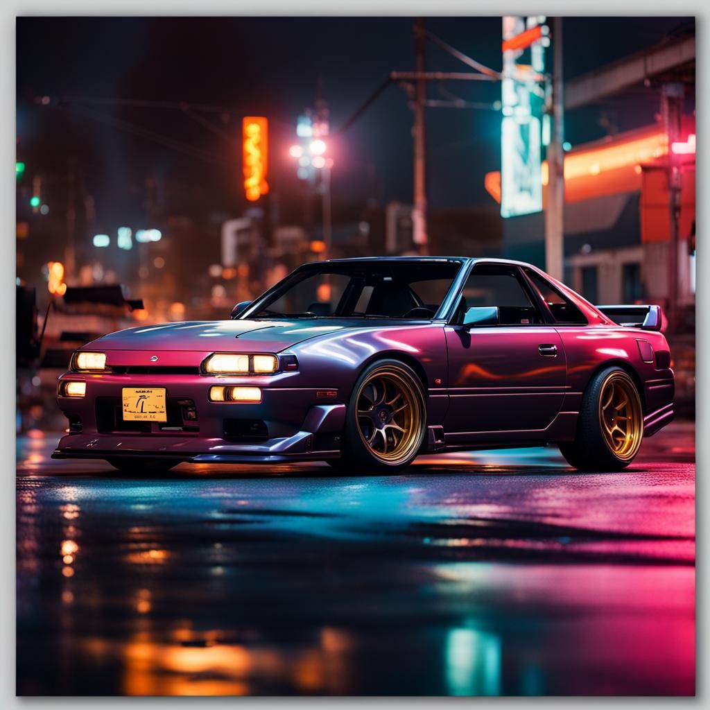 Nissan 240sx at Night with Neon Lights