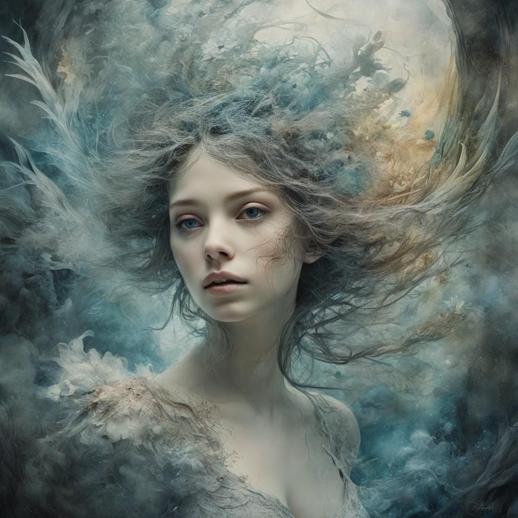 Ethereal Mixed-Media Portrait with Dreamlike Visuals