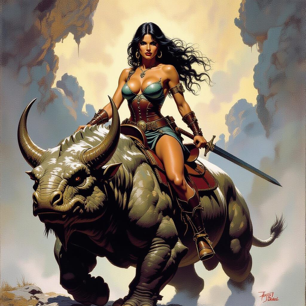 Warrior Woman Rides Brontothere in Fantasy Art Style