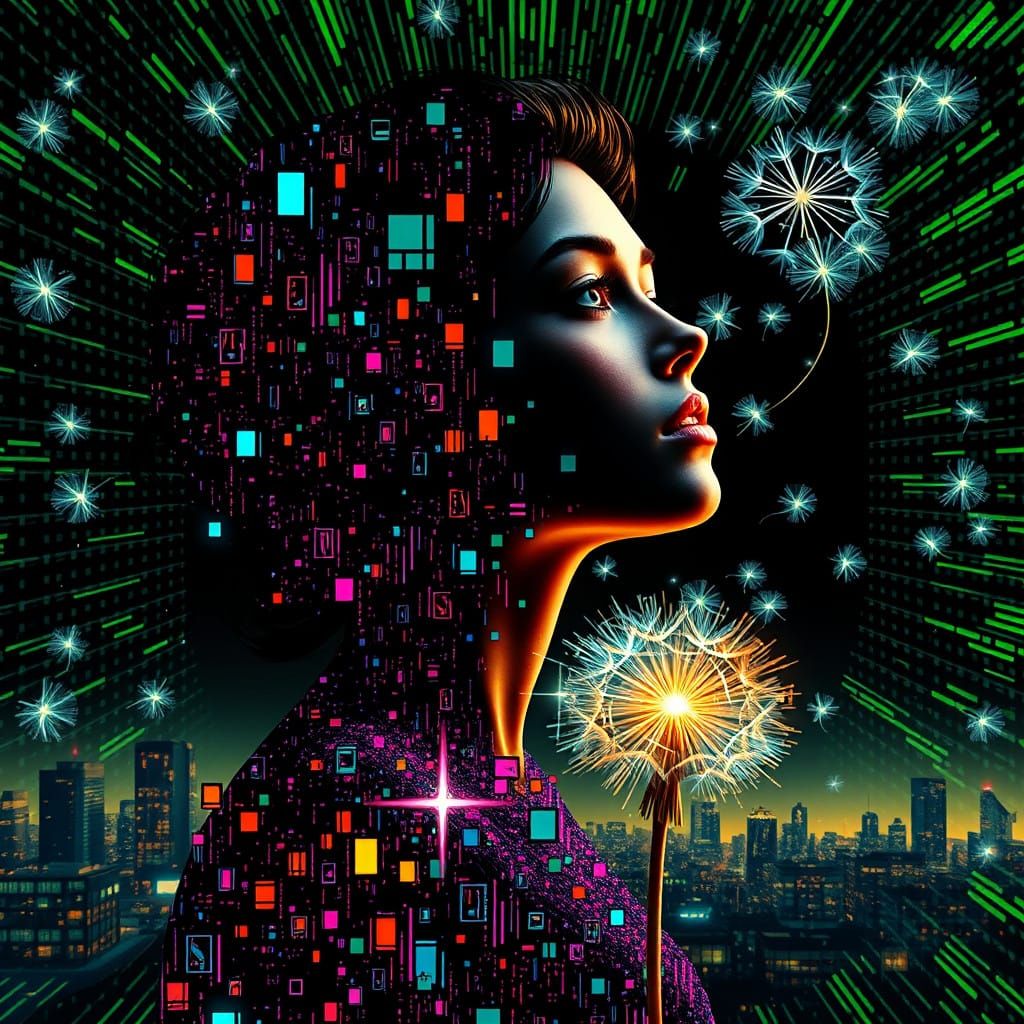 Vibrant Glitch Art of a Woman in a Cityscape