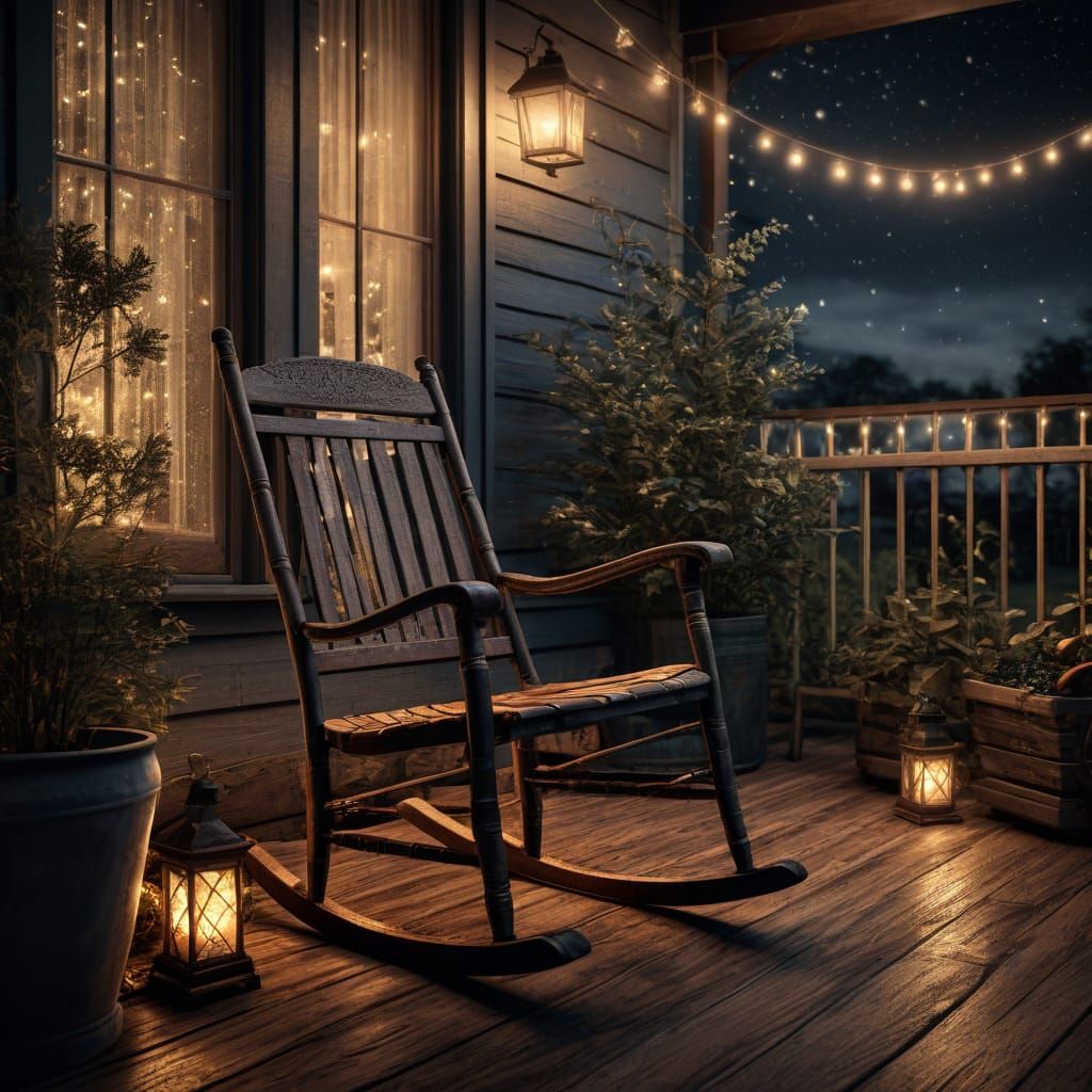 Rustic Rocking Chair on Twinkle-Lit Porch