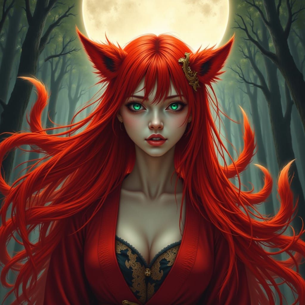 Kitsune with Red Hair and Emerald Eyes in Twilight Forest
