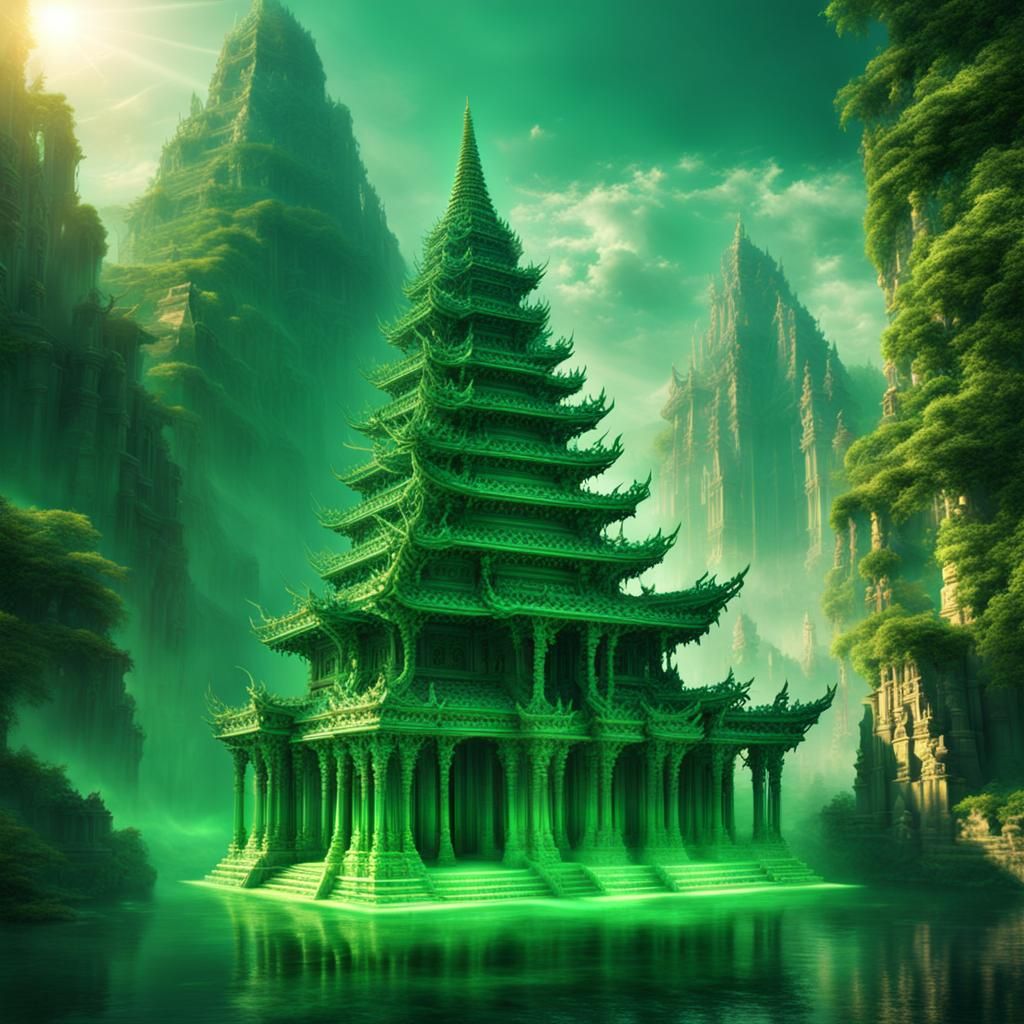 Luminous Temple with Majestic Green Flame
