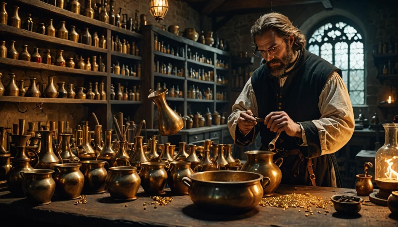 Medieval Alchemist Transmuting Lead into Gold in Laboratory