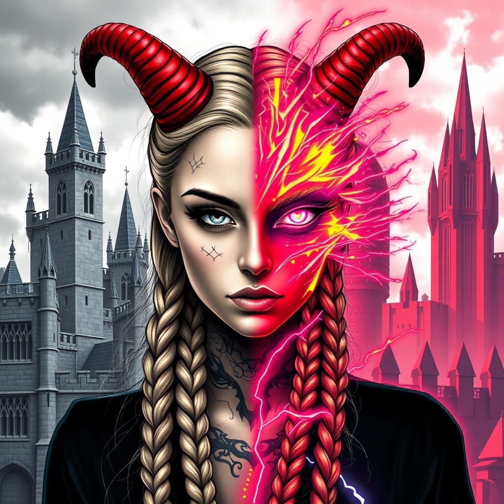 Dual Persona Woman with Horns and Braids