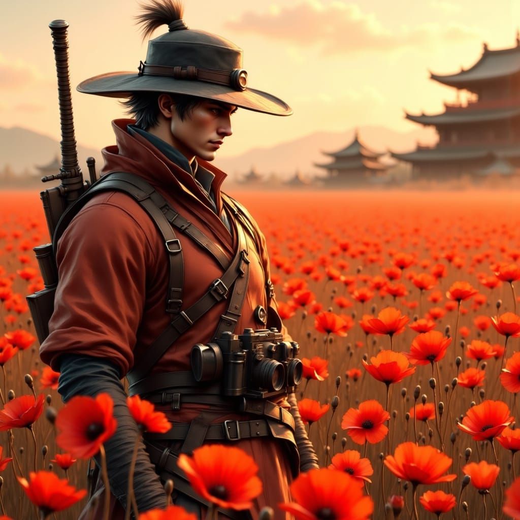 Samurai with Vintage Camera in Poppy Field, Hyperrealistic S...