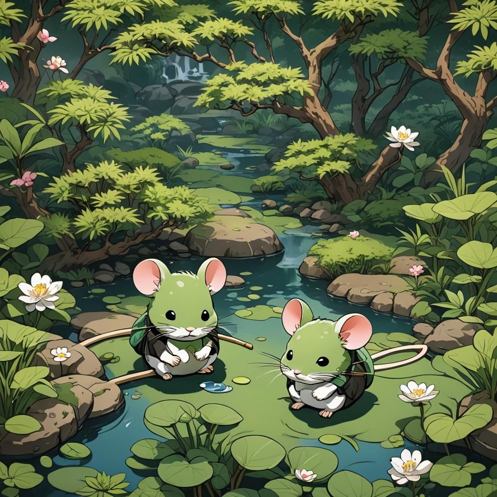 Japanese Garden Matcha Mouse in Anime Style