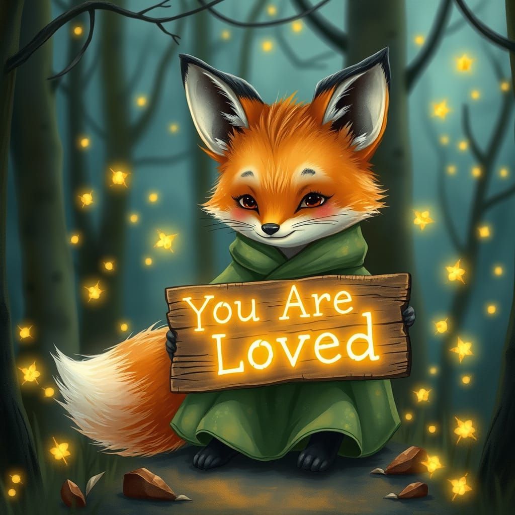 Baby Fox in Enchanted Forest with Fireflies