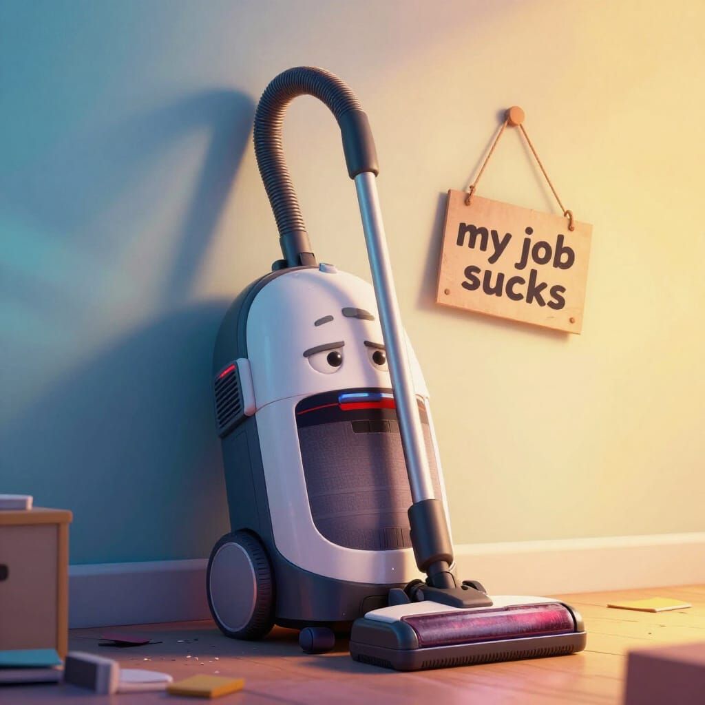 Sad Anthropomorphic Vacuum Cleaner in Concept Art Style