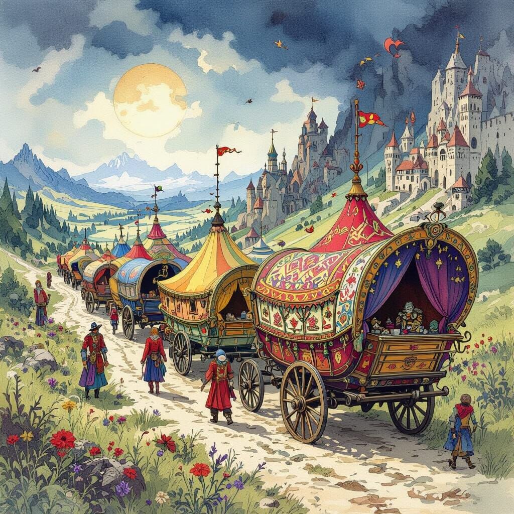 Fantasy Caravan City in Ink and Watercolor Style