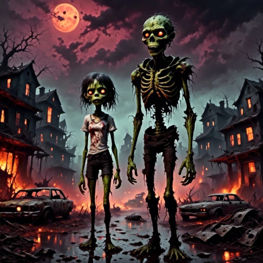 A grotesque zombie walks by burnt vehicles <lora:Aeon Afterm...