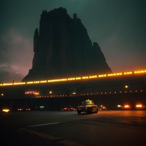 Surreal Rebel Taxi in Cinematic Film Still