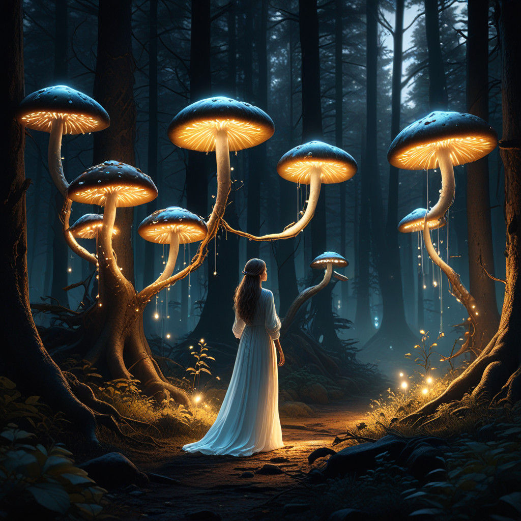 Ethereal Woman in a Glowing Mystical Forest