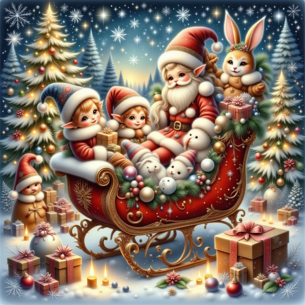 Adorable Elves and Kittens in Santa's Sleigh