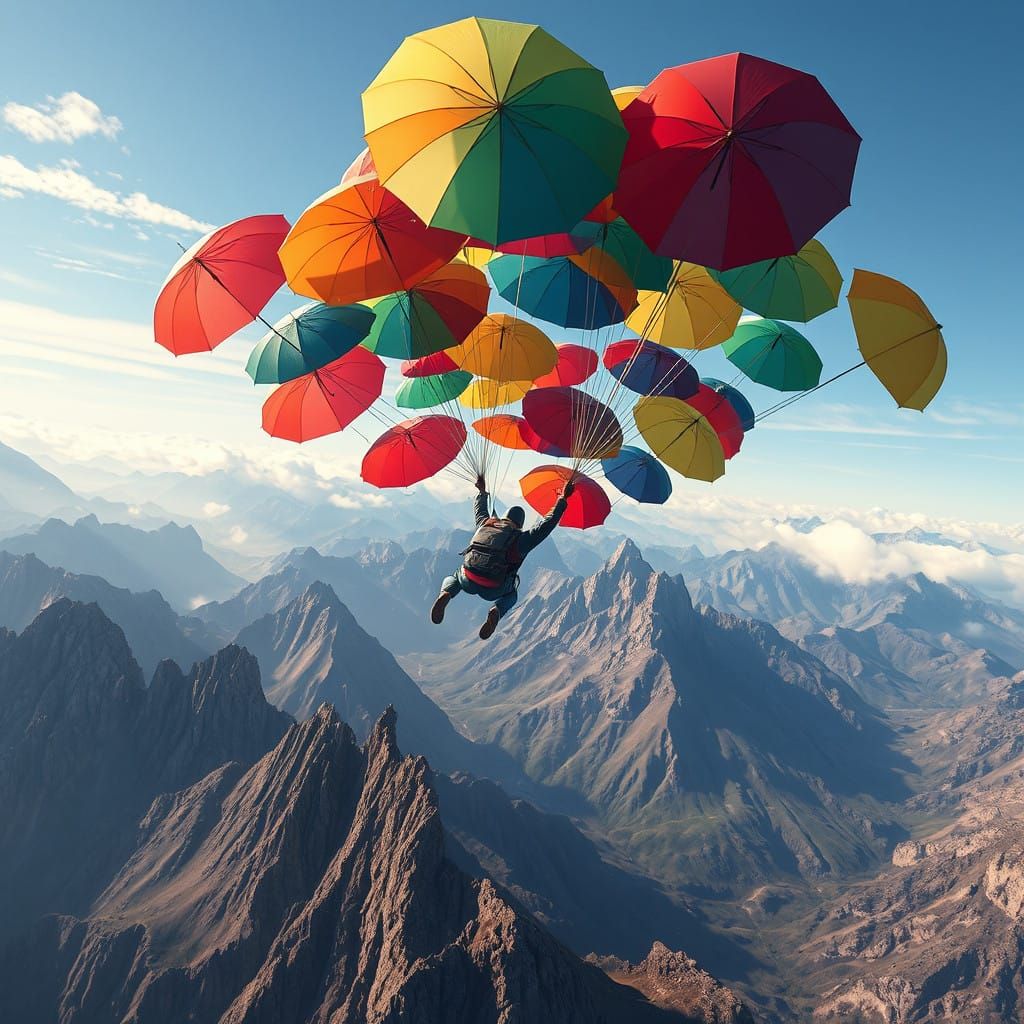 Surreal Skydiver Descends in Vibrant Umbrella Parachutes