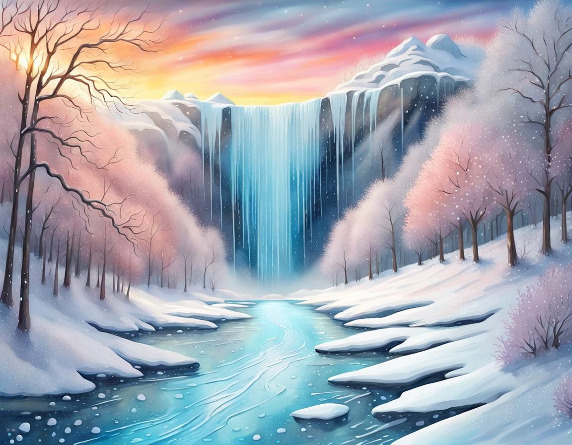 Watercolor Waterfall Creates Winter River: 3D Art