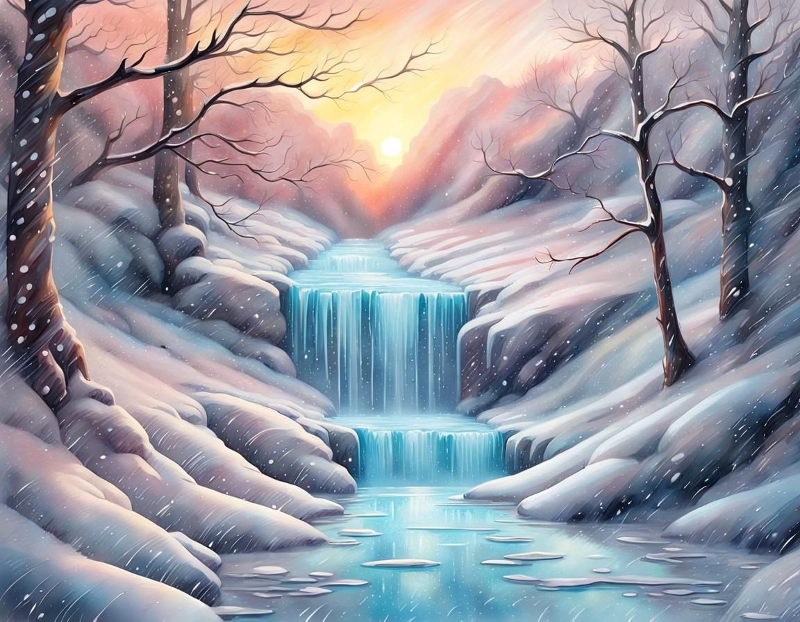 Winter River Landscape in Soft Pastel Watercolors