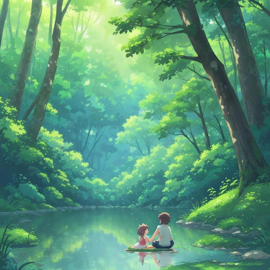 Children's Lakeside Picnic in Anime Watercolor Style