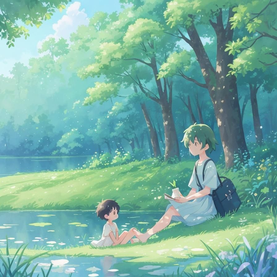 Watercolor Anime Picnic in Forest, Ghibli Style