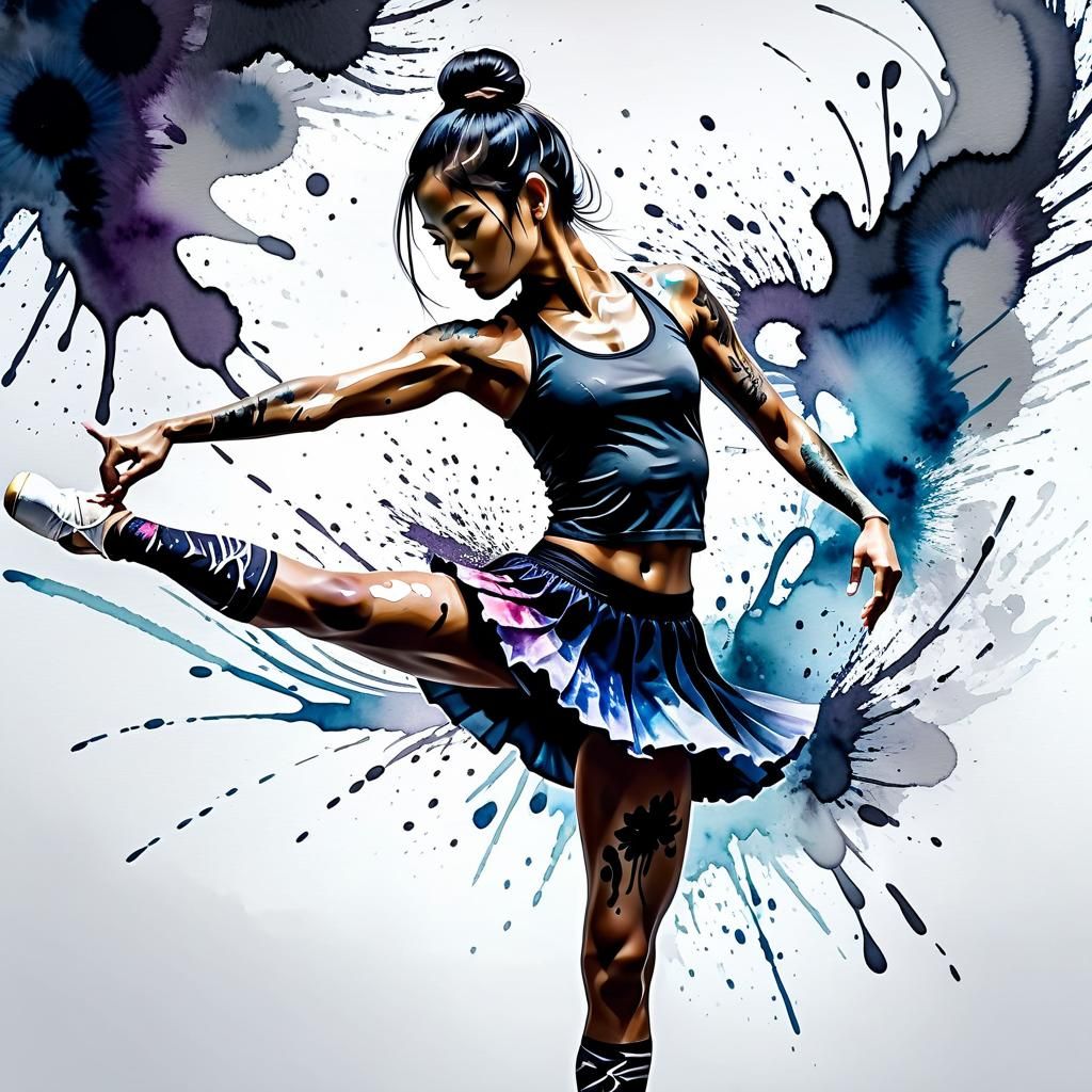 Muay Thai Ballet Fusion in Watercolor Tattoo Style