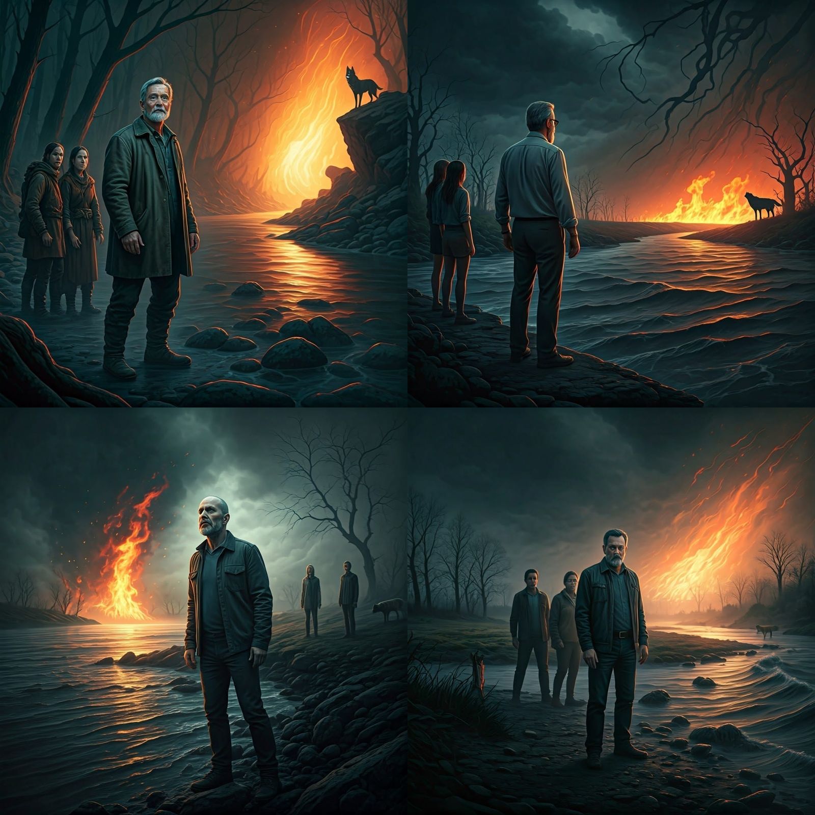 Man Gazes into Fiery Abyss with Ominous Shadows