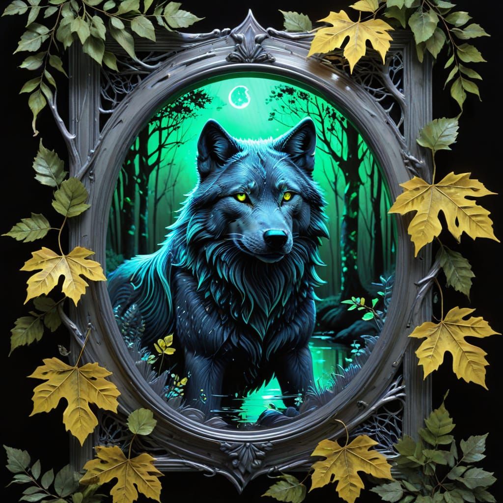 Hyper-Realistic Wolf Totem in Metallic Dark Grey with Neon A...