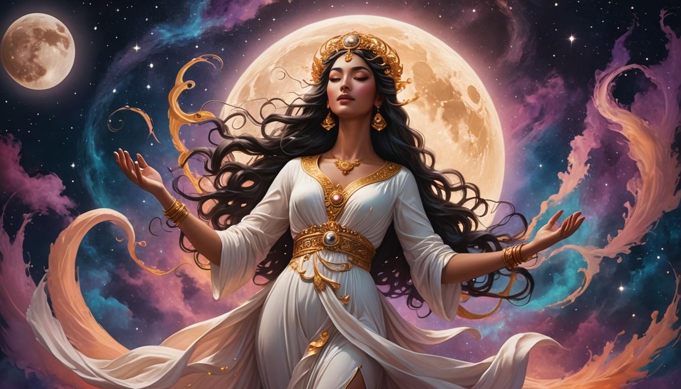 Lunar Goddess Holding the Moon in Swirling Light