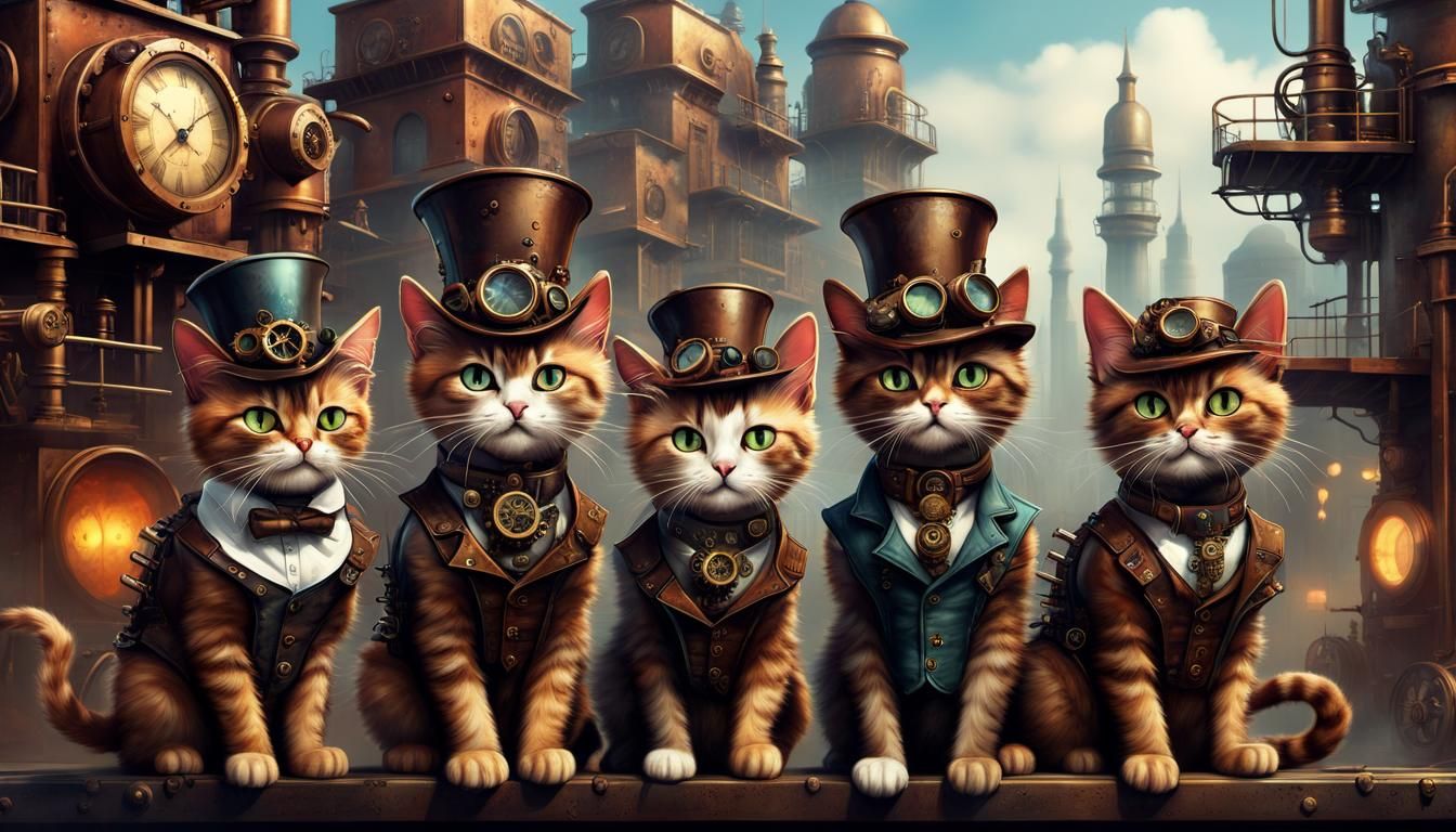 Steampunk Cats Gang in a Metallic Cityscape