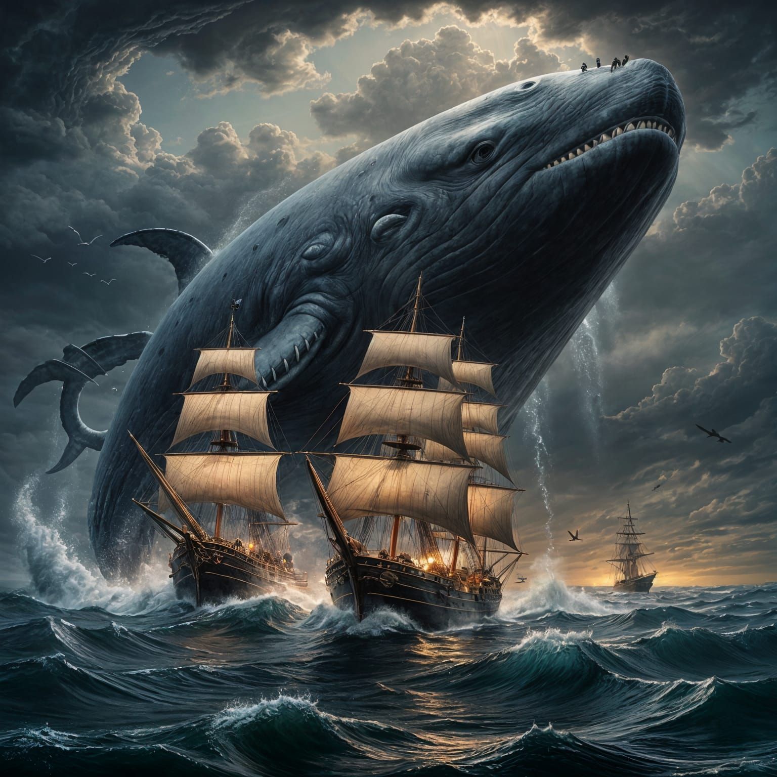 Gigantic White Whale Looms Over Tall Ship at Sea