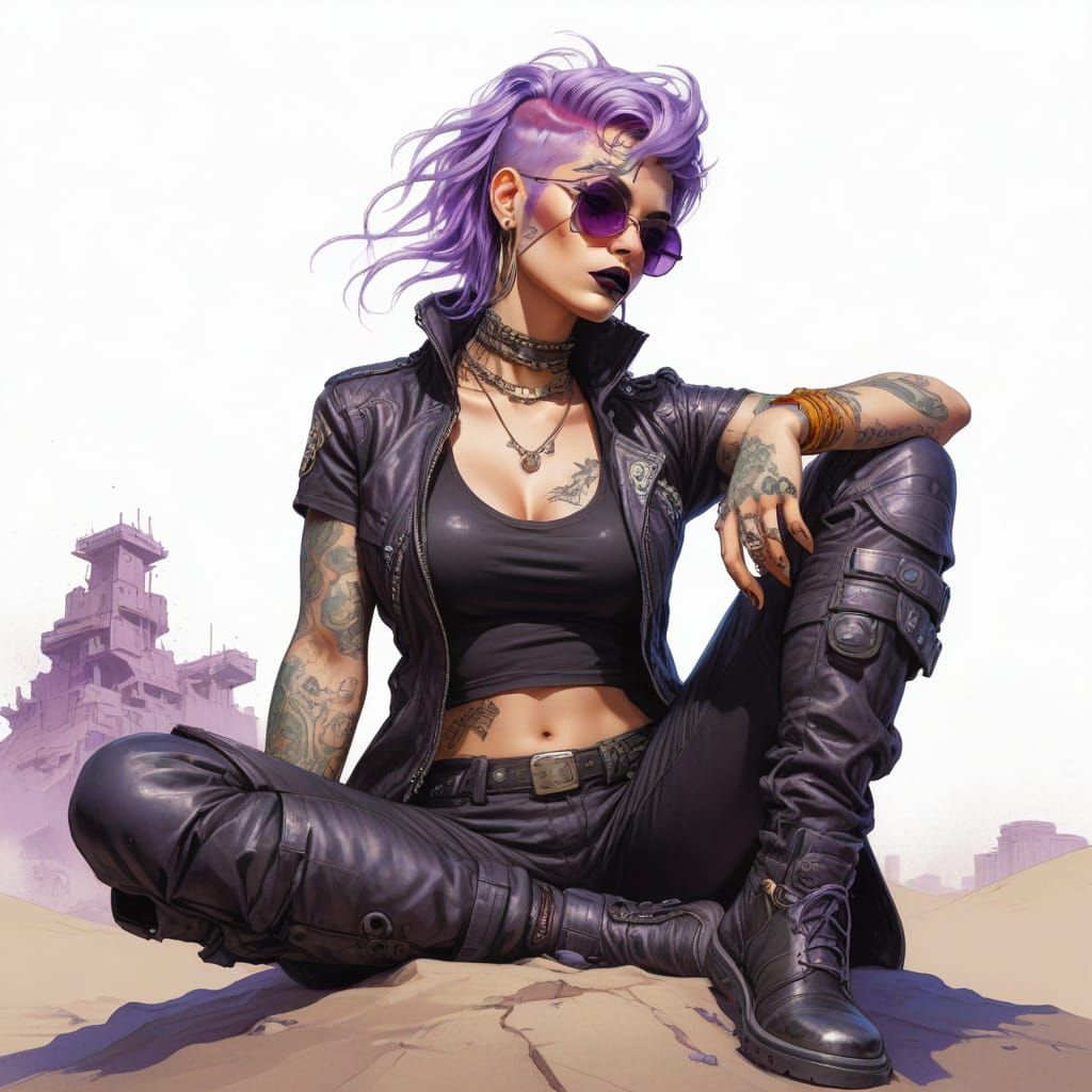 Tattooed Punk Girl with Purple Hair in Cyberpunk Style