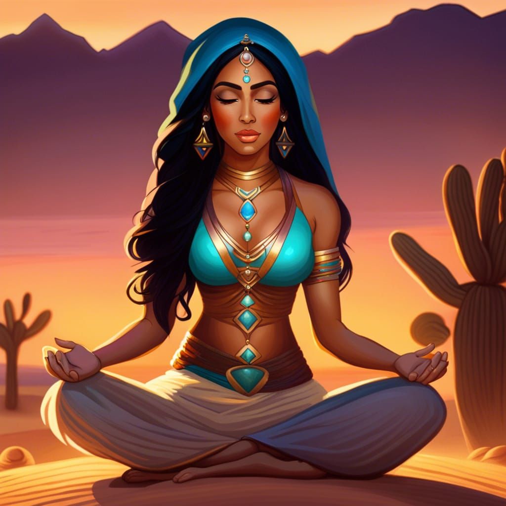 Princess Jasmine Meditating in Desert Sunset: Hyperreal Port...