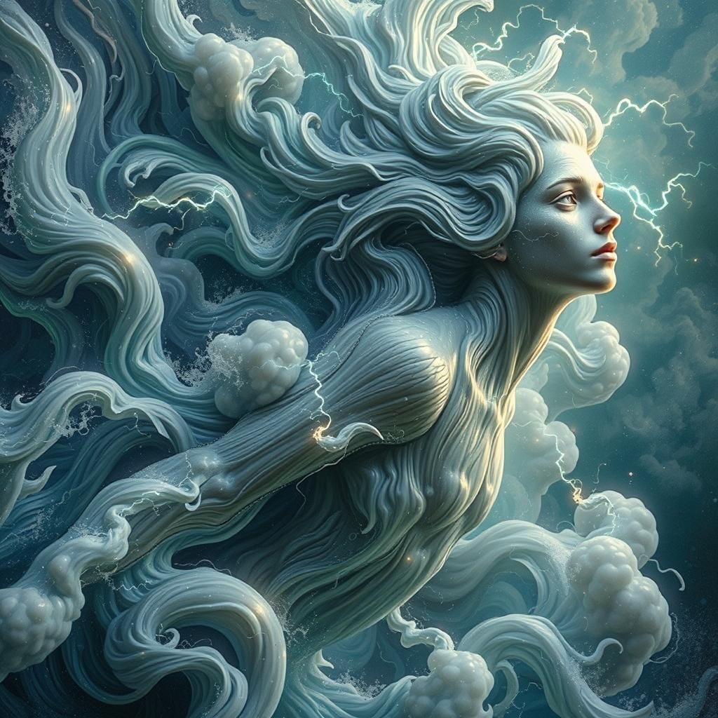 Electric Figure Soaring Through Stormy Clouds