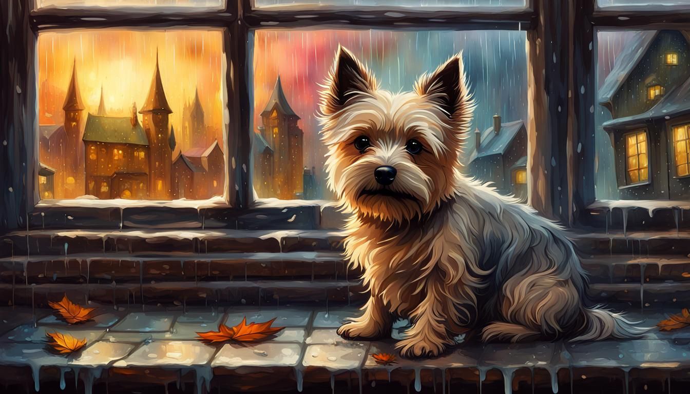 Cairn Terrier in Rainy Window, Fantasy Art