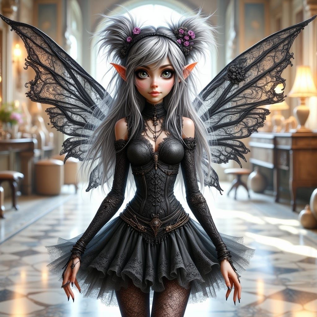 Android Girl with Mechanical Wings in Black and White