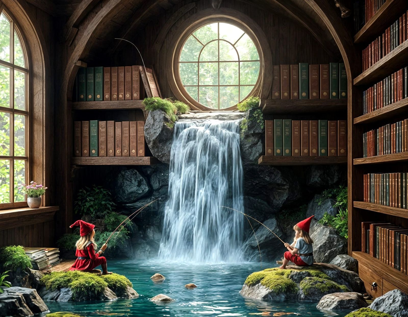 Fishing at the children's library waterfall