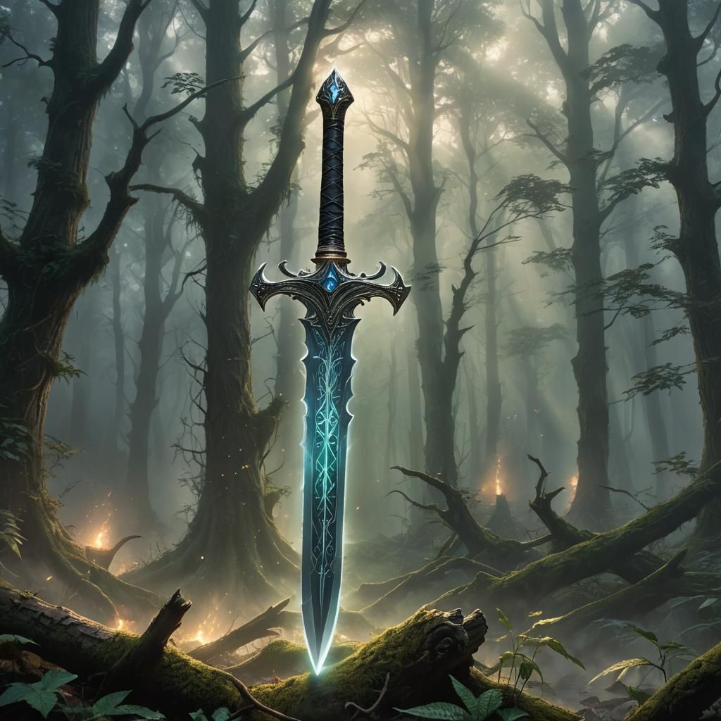 Cursed Sword Shines in Ethereal Fantasy Forest