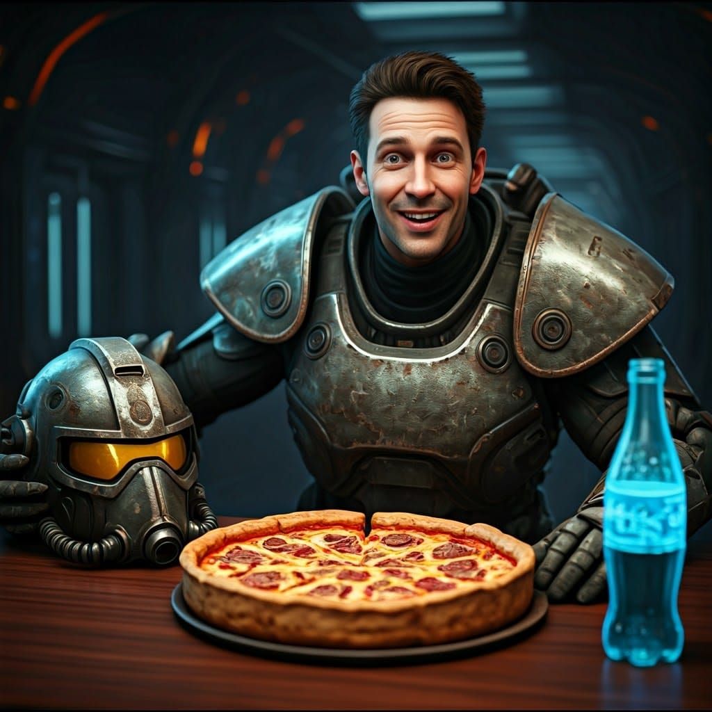 Rusty Power Armor Enjoys a Deep Dish Feast