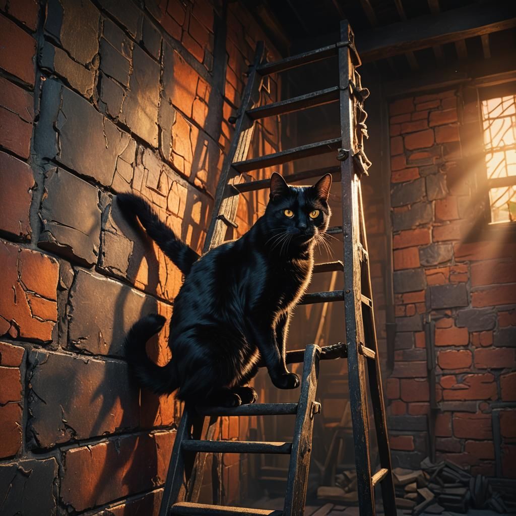 Black Cat Walks Through Ladder: Hyperrealistic Concept Art
