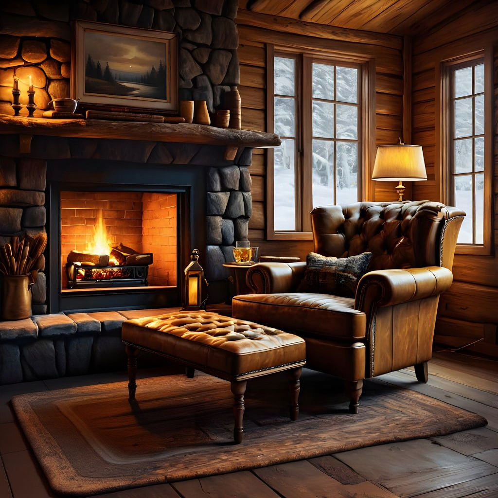Cozy Cabin Interior with Fireplace in Oil Painting