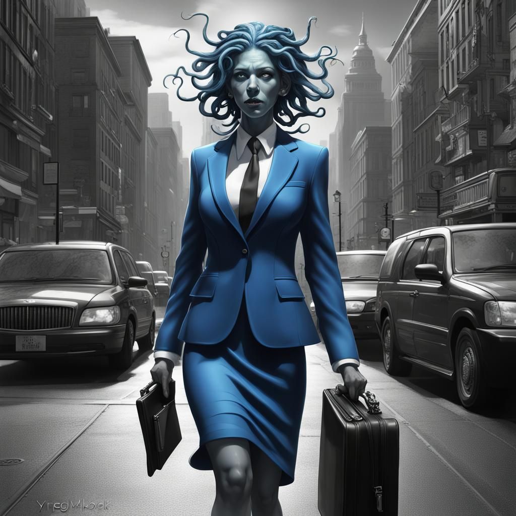 Luminescent Medusa Attorney Walking on City Street