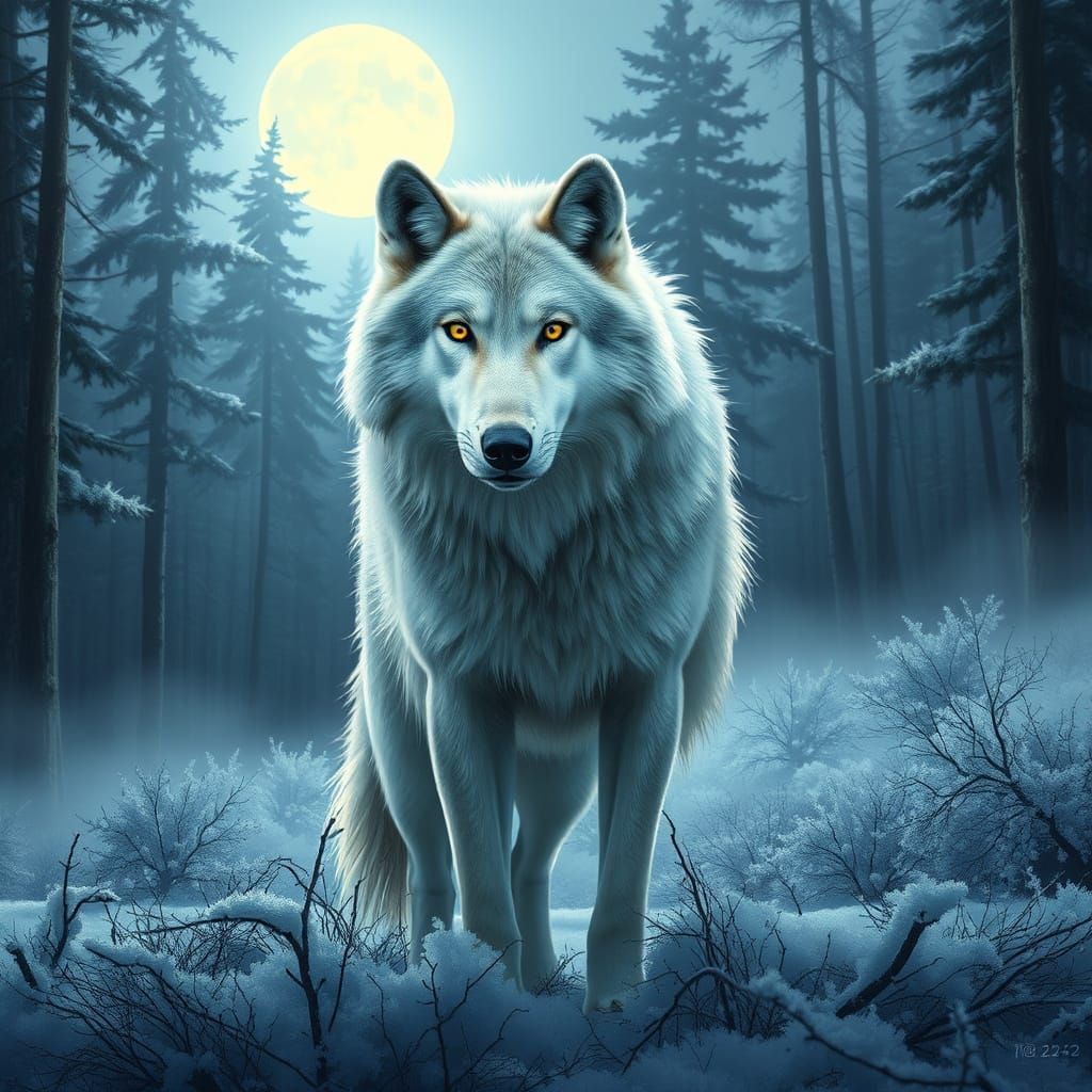Majestic Snowy Wolf in Moonlit Forest