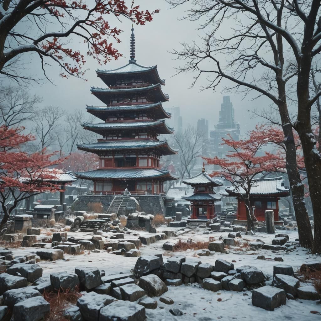 Feudal Japan Cityscape in Winter: 3D Rendered