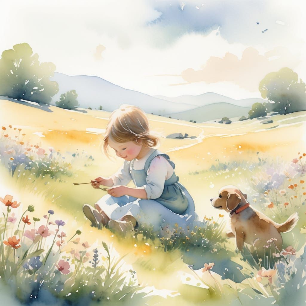 Toddler and Puppy Play in Sunlit Meadow, Beatrix Potter Styl...